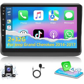 Podofo 2+64G Car Stereo Radio for Jeep Grand Cherokee 2014-2017 with Wireless CarPlay Android Auto 9 Inch Touch Screen Bluetooth Audio with GPS Navigation Mirror Link WiFi RDS Hi-Fi Backup Camera MIC