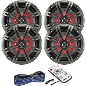 2 Pair (Qty 4) of Kicker 6.5" 2-Way 195 Watts Max Power Coaxial Marine Audio Multicolor LED Speakers with Charcoal Grilles, LED Speaker Remote Control, 50-Feet 16 Gauge Speaker Wire