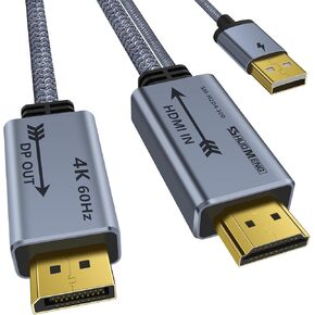 HDMI to Displayport Adapter 4K@60Hz, 2K@120Hz, 1080P@165Hz, HDMI (PC/Laptop) Male to DisplayPort (monitor) Female Cable with USB power Compatible with GPU,Laptop,AMD,NVIDIA,PS5,Xbox 20cm/0.65ft