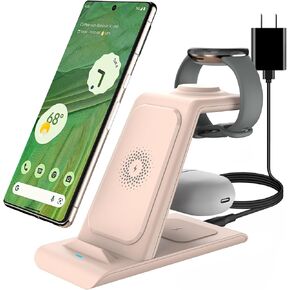 شاحن لاسلكي 3 في 1 متوافق مع ساعة Google Pixel فقط، محطة شحن لاسلكية لـ Pixel 9 Pro XL/9/8/7/6 Pro/7a، Pixel Buds Pro، حامل شاحن متوافق مع iPhone (ليس لـ Pixel Watch 3/2)