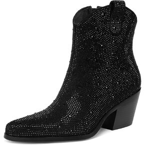 Women's Sparkly Rhinestone Cowboy Cowgirl Chunky Heel Short Ankle Boots Fashion Western Bling Sequin Leather Heeled Booties in Kuwait