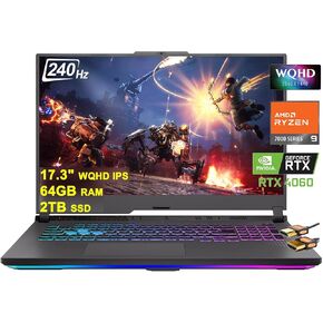 ASUS ROG Strix G17 G713 كمبيوتر محمول للألعاب 17.3 بوصة WQHD IPS 240 هرتز AMD 12-Core Ryzen 9 7845HX (Beat i9-12900H) 64 جيجابايت ذاكرة الوصول العشوائي 2 تيرابايت SSD GeForce RTX 4060 8 جيجابايت USB-C RGB بإضاءة خلفية شحن سريع Win11 أسود + كابل HDMI