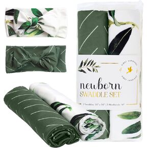 First Landings Newborn Swaddle Set - Matching Headband and Baby Blanket (Set of 2 Each) 36" x 36" Receiving Baby Blanket Boy and Girl - for Newborn Photography, Nursing Covers, Burp Cloths (Rose)