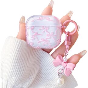 Compatible for AirPods 2nd/1st Case Cute Clear Ribbon Bowknot with Lovely Pearl Chain Design for Women Girls Soft TPU Shockproof Protective Cover Case for Airpods 1&2-Pink