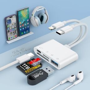 SD/TF Card Reader for iPhone/iPad,Multi 6-in-1 Lightning/USB C to SD+TF+USB A+Type C(Headphone/Charge/Data) OTG Memory Card Adapter for iPhone 15 14/iPad/Samsung/Mac/Laptop/Camera Viewer/Flash Drive