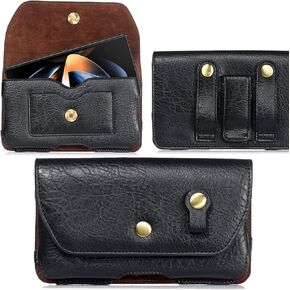 for Samsung Galaxy Z Fold 5 / Z Fold 4 Phone Holster with with Belt Clip, Premium Leather Belt Case Card Holder Pouch Men Cell Phone Belt Holster for Galaxy Z Fold 3 2021/Z Fold 4 - Black