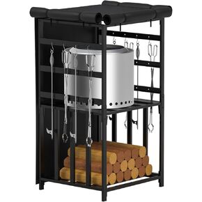 Firewood Storage Rack for Solo Stove Bonfire Ranger Yukon Fire Pit Accessories, Storage Cabinet with Waterproof Cover for Fire Pit and Fireplace Logs, Outdoor Adjustable Firewood Holder Kit