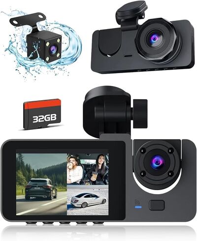 Dash Cam Front and Rear Inside, 4K Full UHD Dash Camera for Cars,3 Channel Car Camera Built-in 32GB Card,WDR,G-Sensor, Loop Recording,2.0''IPS HD Screen,24H Parking Monitor,Accident Lock in Saudi Arabia