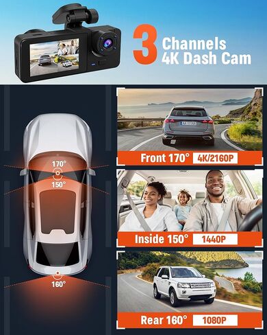 Dash Cam Front and Rear Inside, 4K Full UHD Dash Camera for Cars,3 Channel Car Camera Built-in 32GB Card,WDR,G-Sensor, Loop Recording,2.0''IPS HD Screen,24H Parking Monitor,Accident Lock in Saudi Arabia