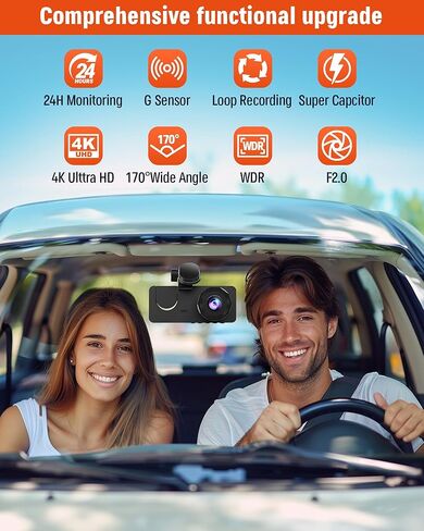 Dash Cam Front and Rear Inside, 4K Full UHD Dash Camera for Cars,3 Channel Car Camera Built-in 32GB Card,WDR,G-Sensor, Loop Recording,2.0''IPS HD Screen,24H Parking Monitor,Accident Lock in Saudi Arabia