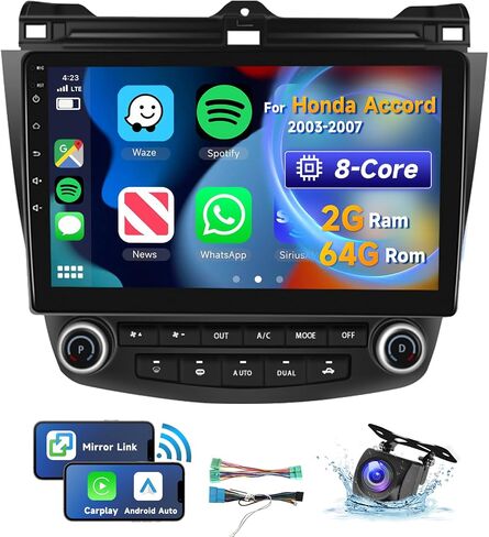 [8 CORE 2G+64G] for Honda Accord 2003-2007 Car Radio with Wireless Carplay/Android Auto, 10.1 Inch Android 13 IPS Touch Screen Car Stereo, Bluetooth, GPS, WiFi, SWC, DSP + HD Backup Camera in Saudi Arabia