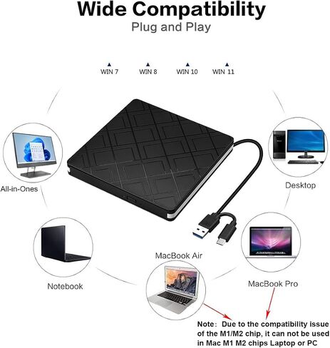 intendvision External CD DVD Drive Slim USB C Writer Portable Type C & USB 3.0 CD-RW DVD-R Combo Burner Player for Windows 11/10/8/7 PC Laptop Desktop Computer (White) in Kuwait