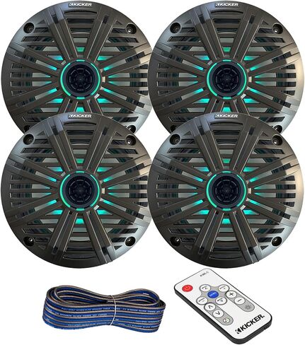 2 Pair (Qty 4) of Kicker 6.5" 2-Way 195 Watts Max Power Coaxial Marine Audio Multicolor LED Speakers with Charcoal Grilles, LED Speaker Remote Control, 50-Feet 16 Gauge Speaker Wire in Saudi Arabia