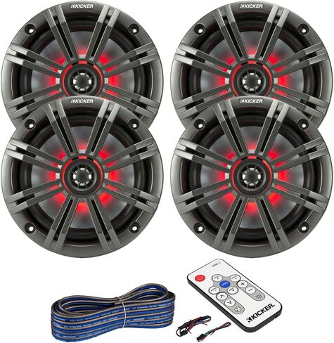2 Pair (Qty 4) of Kicker 6.5" 2-Way 195 Watts Max Power Coaxial Marine Audio Multicolor LED Speakers with Charcoal Grilles, LED Speaker Remote Control, 50-Feet 16 Gauge Speaker Wire in Saudi Arabia