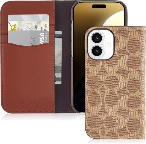 حافظة iPhone 16 من Coach Signature Canvas Wallet Folio - حافظة هاتف مصممة - باللون البني المميز in Saudi Arabia