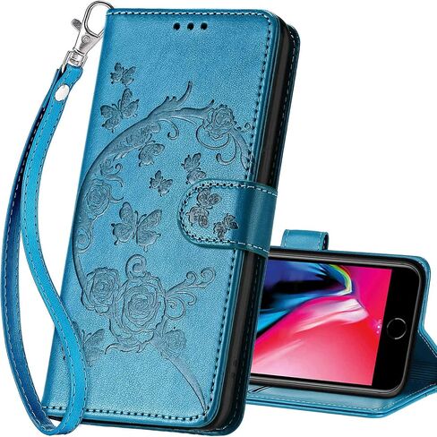 حافظة محفظة لهاتف iPhone SE 2022/SE 2020/iPhone 8/7، غطاء قابل للطي مع ميزة حامل للنساء والرجال، حافظة هاتف من جلد البولي يوريثان مناسبة لهاتف iPhone 8/7/SE2/SE3 [زهرة زرقاء] in Kuwait
