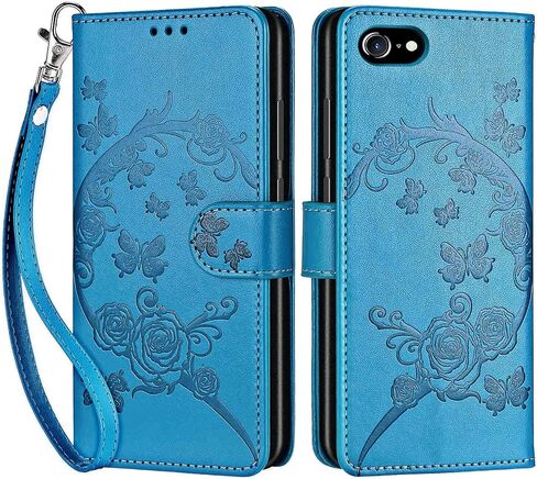 حافظة محفظة لهاتف iPhone SE 2022/SE 2020/iPhone 8/7، غطاء قابل للطي مع ميزة حامل للنساء والرجال، حافظة هاتف من جلد البولي يوريثان مناسبة لهاتف iPhone 8/7/SE2/SE3 [زهرة زرقاء] in Kuwait