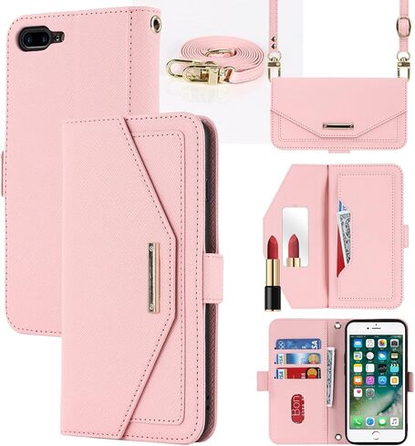 Jaorty Crossbody Wallet for iPhone 7 Plus/iPhone 8 Plus Case with Adjustable Lanyard Strap Credit Card Holder 5.5",PU Leather Handbag Purse Kickstand Make Up Mirror Cover Case for Men Women Girl,Pink in Saudi Arabia