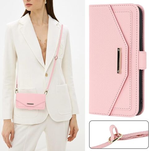 Jaorty Crossbody Wallet for iPhone 7 Plus/iPhone 8 Plus Case with Adjustable Lanyard Strap Credit Card Holder 5.5",PU Leather Handbag Purse Kickstand Make Up Mirror Cover Case for Men Women Girl,Pink in Saudi Arabia