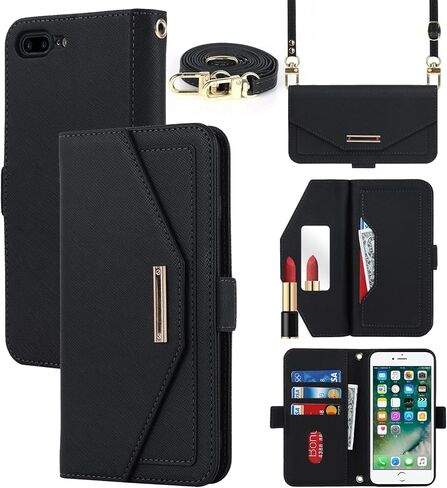 Jaorty Crossbody Wallet for iPhone 7 Plus/iPhone 8 Plus Case with Adjustable Lanyard Strap Credit Card Holder 5.5",PU Leather Handbag Purse Kickstand Make Up Mirror Cover Case for Men Women Girl,Pink in Saudi Arabia