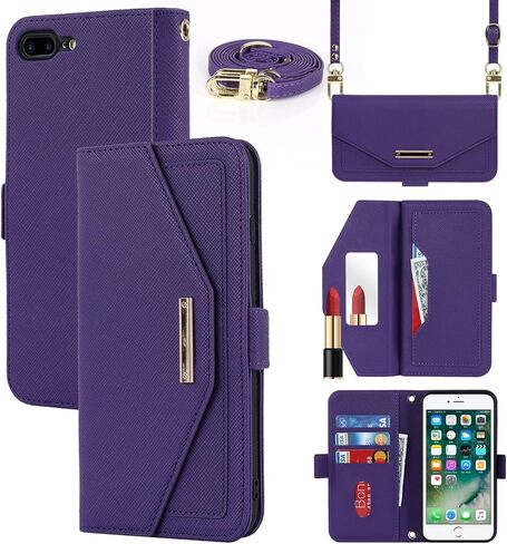 Jaorty Crossbody Wallet for iPhone 7 Plus/iPhone 8 Plus Case with Adjustable Lanyard Strap Credit Card Holder 5.5",PU Leather Handbag Purse Kickstand Make Up Mirror Cover Case for Men Women Girl,Pink in Saudi Arabia