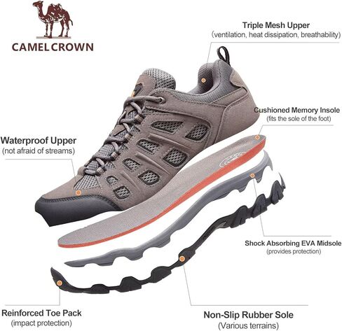 CAMEL CROWN أحذية المشي لمسافات طويلة مقاومة للماء للرجال، قمصان منخفضة من الجلد مريحة وخفيفة الوزن ومضادة للانزلاق للأماكن الخارجية والتخييم والرحلات والمشي والعمل باللون الرمادي مقاس 9.5 in Kuwait