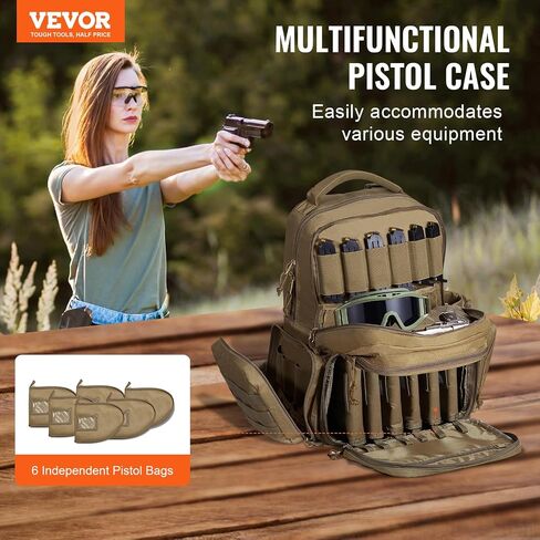 VEVOR Tactical Range Backpack for 6 Pistols, Gun Backpack with 6 Independent Pistol Bags & 10 Magazines, Pistol Backpack for Outdoor Hunting Shooting, Range Bag for Handguns Lockable Zipper (Brown) in Saudi Arabia