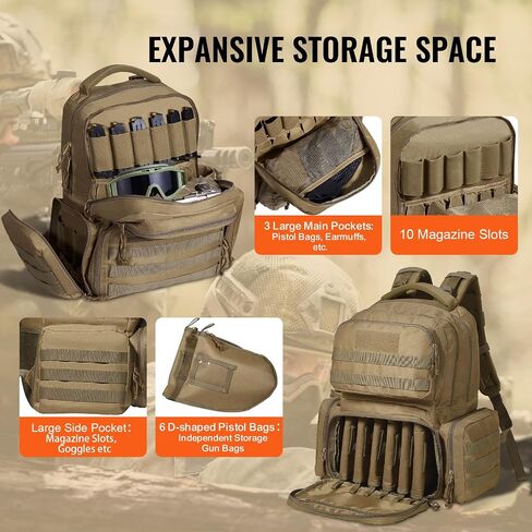 VEVOR Tactical Range Backpack for 6 Pistols, Gun Backpack with 6 Independent Pistol Bags & 10 Magazines, Pistol Backpack for Outdoor Hunting Shooting, Range Bag for Handguns Lockable Zipper (Brown) in Saudi Arabia