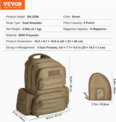 VEVOR Tactical Range Backpack for 6 Pistols, Gun Backpack with 6 Independent Pistol Bags & 10 Magazines, Pistol Backpack for Outdoor Hunting Shooting, Range Bag for Handguns Lockable Zipper (Brown) in Saudi Arabia