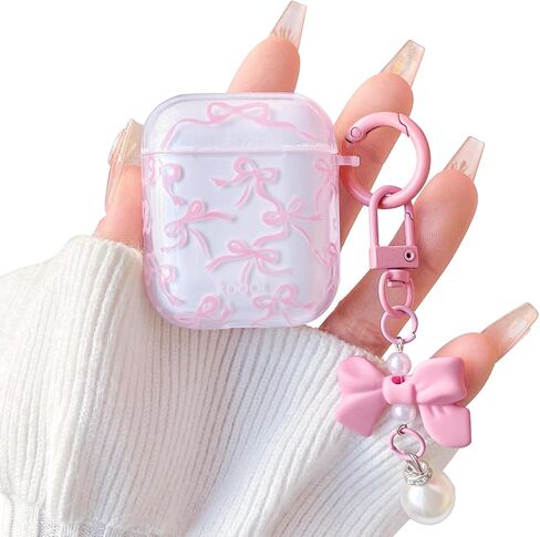 Compatible for AirPods 2nd/1st Case Cute Clear Ribbon Bowknot with Lovely Pearl Chain Design for Women Girls Soft TPU Shockproof Protective Cover Case for Airpods 1&2-Pink in Kuwait