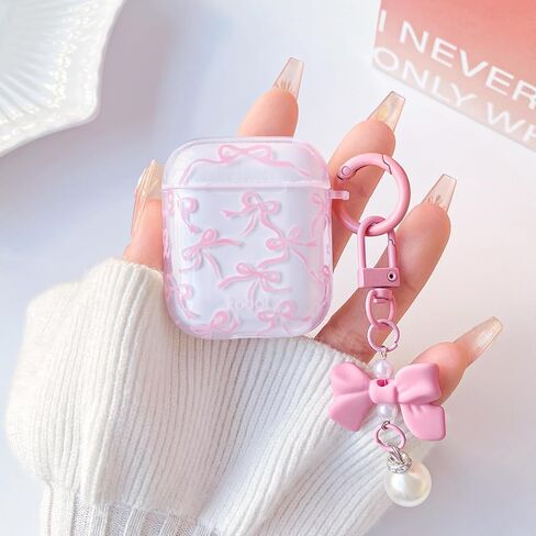 Compatible for AirPods 2nd/1st Case Cute Clear Ribbon Bowknot with Lovely Pearl Chain Design for Women Girls Soft TPU Shockproof Protective Cover Case for Airpods 1&2-Pink in Kuwait