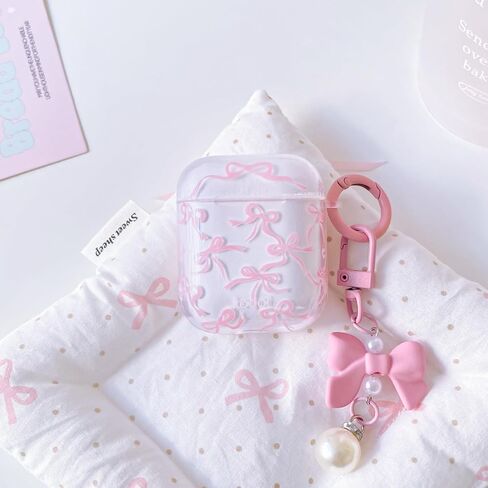 Compatible for AirPods 2nd/1st Case Cute Clear Ribbon Bowknot with Lovely Pearl Chain Design for Women Girls Soft TPU Shockproof Protective Cover Case for Airpods 1&2-Pink in Kuwait