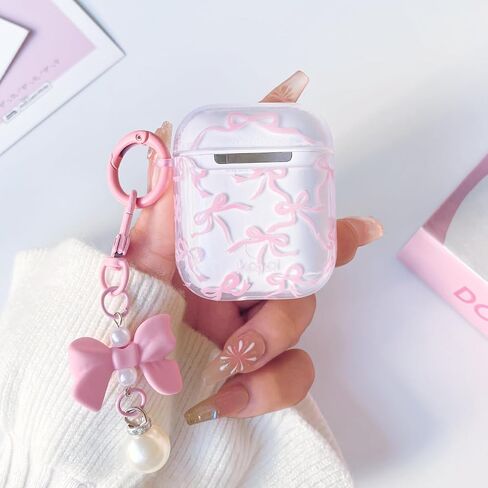 Compatible for AirPods 2nd/1st Case Cute Clear Ribbon Bowknot with Lovely Pearl Chain Design for Women Girls Soft TPU Shockproof Protective Cover Case for Airpods 1&2-Pink in Kuwait