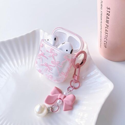 Compatible for AirPods 2nd/1st Case Cute Clear Ribbon Bowknot with Lovely Pearl Chain Design for Women Girls Soft TPU Shockproof Protective Cover Case for Airpods 1&2-Pink in Kuwait