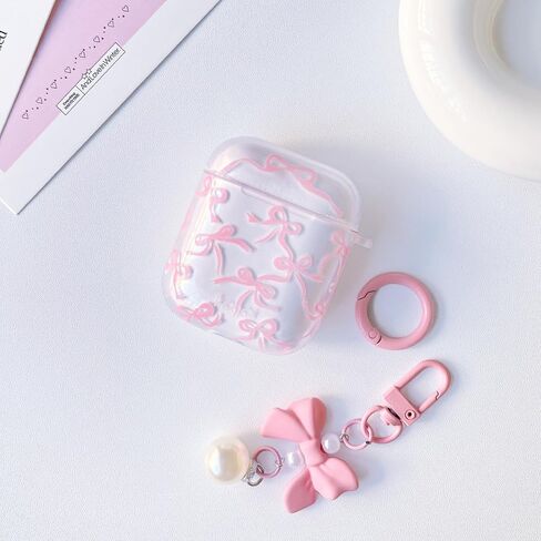Compatible for AirPods 2nd/1st Case Cute Clear Ribbon Bowknot with Lovely Pearl Chain Design for Women Girls Soft TPU Shockproof Protective Cover Case for Airpods 1&2-Pink in Kuwait