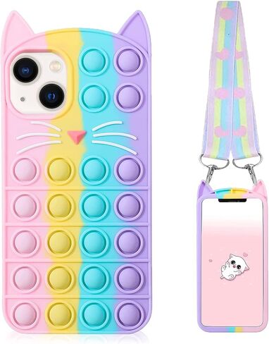 Fidget Pop Phone Case for iPhone 14/iPhone 13, Kawaii Cute Case for iPhone 14 for Girls, Compatible with iPhone 13 Case Cartoon Cat Fidget Stress Relief Push Pop Bubble Case for iPhone 14 in Saudi Arabia
