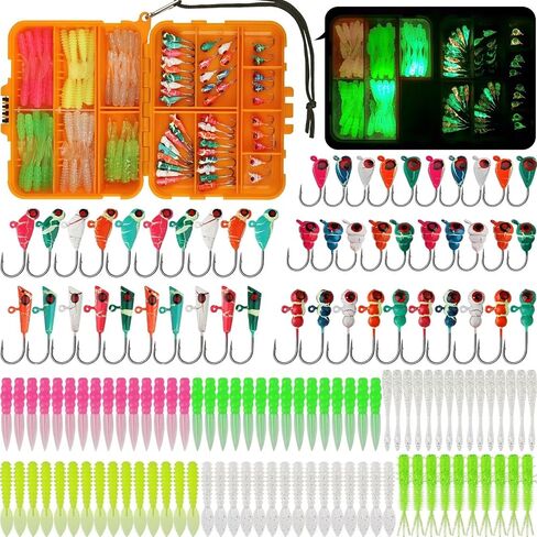 Dovesun 135Pcs Ice Fishing Lures Kit Ice Fishing Jigs Crappie Lures Ice Fishing Lures for Panfish Bass Walleye Crappie Jigs Ice Fishing Gift Ice Fishing Gear Accessories Tackle Glow in The Dark in Kuwait