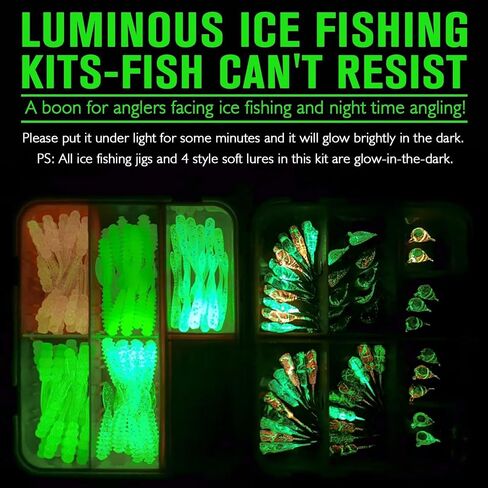 Dovesun 135Pcs Ice Fishing Lures Kit Ice Fishing Jigs Crappie Lures Ice Fishing Lures for Panfish Bass Walleye Crappie Jigs Ice Fishing Gift Ice Fishing Gear Accessories Tackle Glow in The Dark in Kuwait