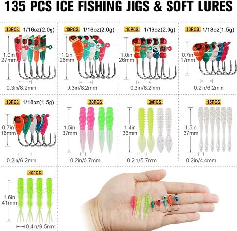 Dovesun 135Pcs Ice Fishing Lures Kit Ice Fishing Jigs Crappie Lures Ice Fishing Lures for Panfish Bass Walleye Crappie Jigs Ice Fishing Gift Ice Fishing Gear Accessories Tackle Glow in The Dark in Kuwait
