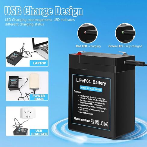 بطارية LiFePO4 مطورة قابلة لإعادة الشحن 6 فولت 6 أمبير مع تصميم شحن USB، بطارية ليثيوم 6 فولت 2000+ دورات مع BMS (محطات F1) للركوب على الألعاب، وحدة تغذية الغزلان 2 حزمة in Kuwait