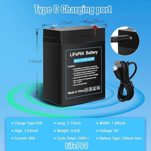 بطارية LiFePO4 مطورة قابلة لإعادة الشحن 6 فولت 6 أمبير مع تصميم شحن USB، بطارية ليثيوم 6 فولت 2000+ دورات مع BMS (محطات F1) للركوب على الألعاب، وحدة تغذية الغزلان 2 حزمة in Kuwait