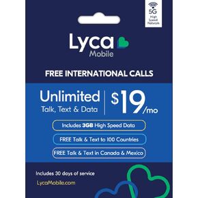 بطاقة SIM Lyca Mobile مسبقة الدفع 5G/4G | خطة 39 دولارًا | محادثات ونصوص وبيانات غير محدودة | 15 جيجابايت بيانات عالية السرعة