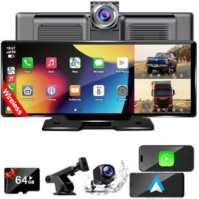 Portable Carplay Screen for Car, 10.26" Wireless Car Stereo Receiver Apple Carplay & Android Auto with Front Dash Cam/1080P Backup Camera/Bluetooth/AUX/USB/FM/AM/GPS Navigation