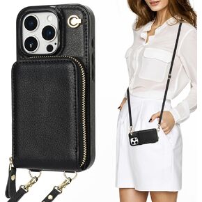 KIHUWEY Crossbody Wallet Case for iPhone 16 Pro, Zipper Pocket Case with Card Holder, PU Leather RFID Blocking Protective Cover Case with Kickstand Detachable Wrist Strap Lanyard 6.3" (Brown)