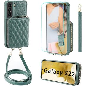 MONASAY Zipper Wallet Case Fit for Galaxy S22 5G 6.1in, [Screen Protector ][RFID Blocking] Flip Leather Handbag Phone Cover with Card Holder& Crossbody Shoulder Lanyard Strap, Dark Blue