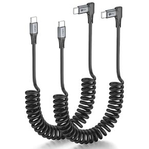 SUNGUY Coiled USB C to USB C Cable 3.3FT, [2-Pack] Right Angle USB-C Cable for Car, USBC to USBC Android Auto Carplay Cable, for iPhone 16 15 Plus/Pro/15Pro Max, Galaxy S24 S23 S22 (Grey)