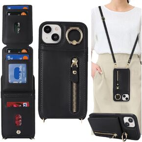 for iPhone 15 Case with Card Holder for Women, for iPhone 15 Phone Case Wallet with Strap Credit Card Slots Crossbody with Kickstand Zipper Case for iPhone15 - Black Leopard