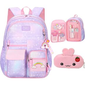 Pink Kawaii Backpack Starry Rainbow Bookbag Cute Large Capacity Backpack Multifunction Fashion Casual Laptop Travel Bag For Girl (Pink-17inch)