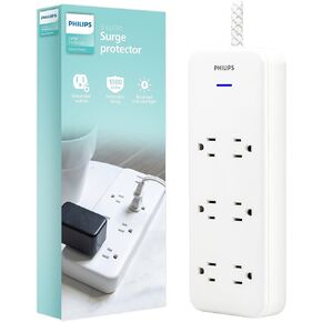 Philips 7 Outlet Power Strip Surge Protector, 2 USB Charging Ports, 4ft Power Cord, Flat Plug, Wall Mount, 1440 Joules, ETL Listed, Circuit Breaker, Automatic Shutdown, Black, SPP6270BC/37