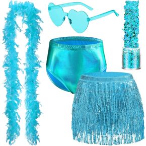 Toulite Set of 5 Women Sequin Fringe Skirt Belly Dance Hip Scarf Metallic Dance Shorts Rave Feather Boas Heart Sunglasses